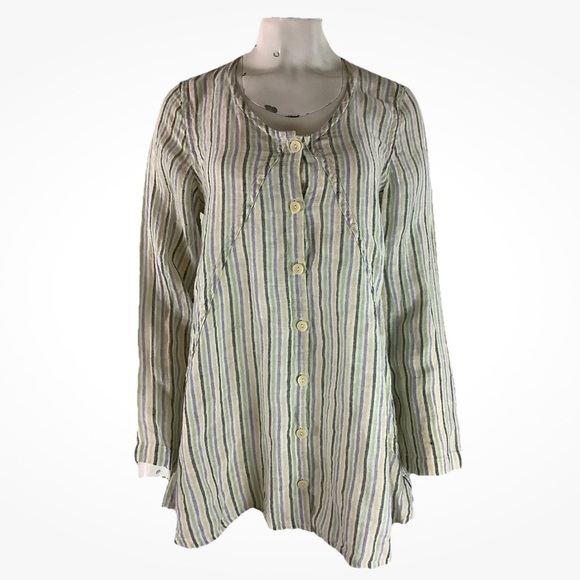 Flax Tops - Flax Sz P 100% Linen Beach Vacation Pullover Striped Tunic Top Multicolor